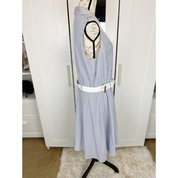 Tahari NWOT Blue White Pinstripe Sleeveless Collared Belted Shirt Dress Size 16 - Picture 4 of 11